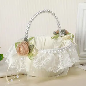 Wedding Flower Girl Basket with Pearl Handle,Satin Flower Storage Basket for Wedding Home Garden Decor