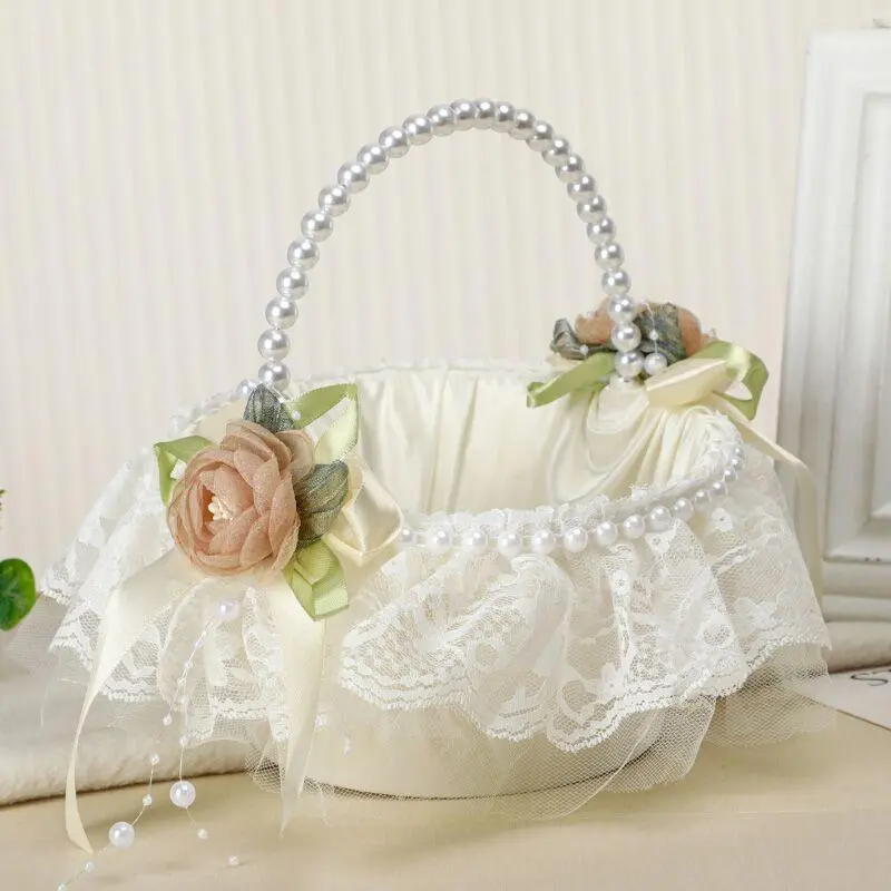 Elegant Design Pearl-Handled Wedding Flower Girl Basket - Satin Multifunctional Organizer with Decorative Elements, for Wedding Ceremony, Home Decoration, Pearl‑Handled Grace