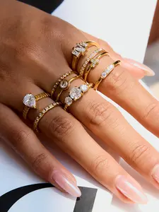 Girls' Gold-Plated Ring Classic Style Ring Stainless Steel 18k Gold-Plated Waterproof Heart with Teardrop-Shaped Square and Round White Zircon Double-Layer Hollow Twist Ribbed Coil Jewelry Essential Vacation-Style Ring for Daily Commuting and Outings