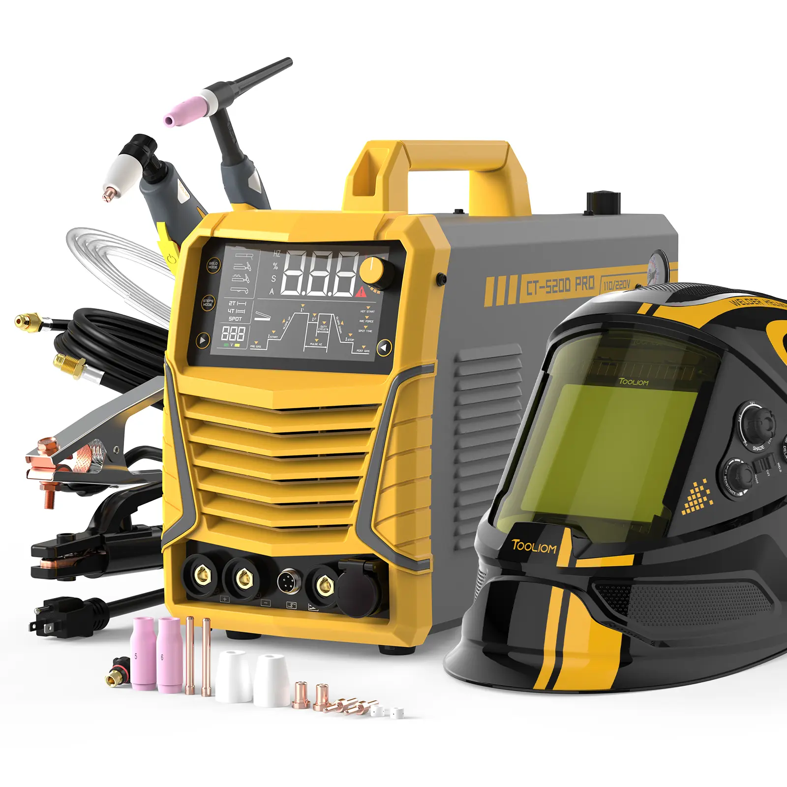 TOOLIOM CT-520D-Pro DC TIG Welder & Plasma Cutter Protection Bundle - 200A HF TIG/Pulse TIG/Spot, 180A Stick & 50A CUT 5-In-1 Welding Machine with Auto-Darkening Helmet