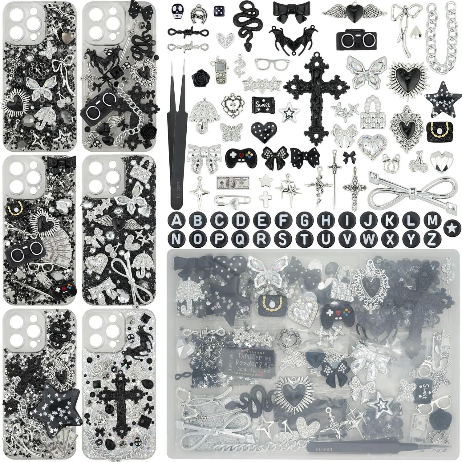2250 Pcs Junk Case Charms Kit, Gothic Style Black & Silver Charms for Junk Cases, Big Cross, Bat, Snake, Spiked Heart, Chains, Dollar Charm, Black Letter Beads, Silver Studs, Glitter Confetti
