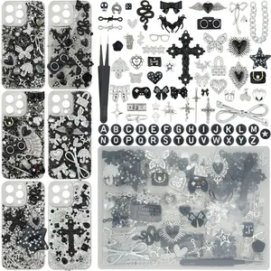 2250 Pcs Junk Case Charms Kit, Gothic Style Black & Silver Charms for Junk Cases, Big Cross, Bat, Snake, Spiked Heart, Chains, Dollar Charm, Black Letter Beads, Silver Studs, Glitter Confetti