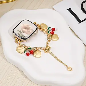 Women's Heart Chain Bracelet Wearable Watch Strap Wristband with Cherry Pendant, Compatible with Apple Watch Series & Ultra, Smartwatch Compatible, Perfect Gift for Parties & Holidays