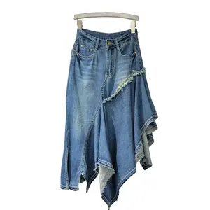 KIROSAG Women's Denim Skirt High Waist Patchwork Irregular Burrs Split Washed Female Blue Skirts Spring Fashion Womenswear Bottom