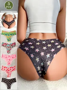5-pack seamless crotch design women's thongs, suitable for wearing on Valentine's Day, Halloween, and Christmas, can be worn for daily activities in autumn and winter, featuring various printed patterns for women's underwear, Seamless Panties Set