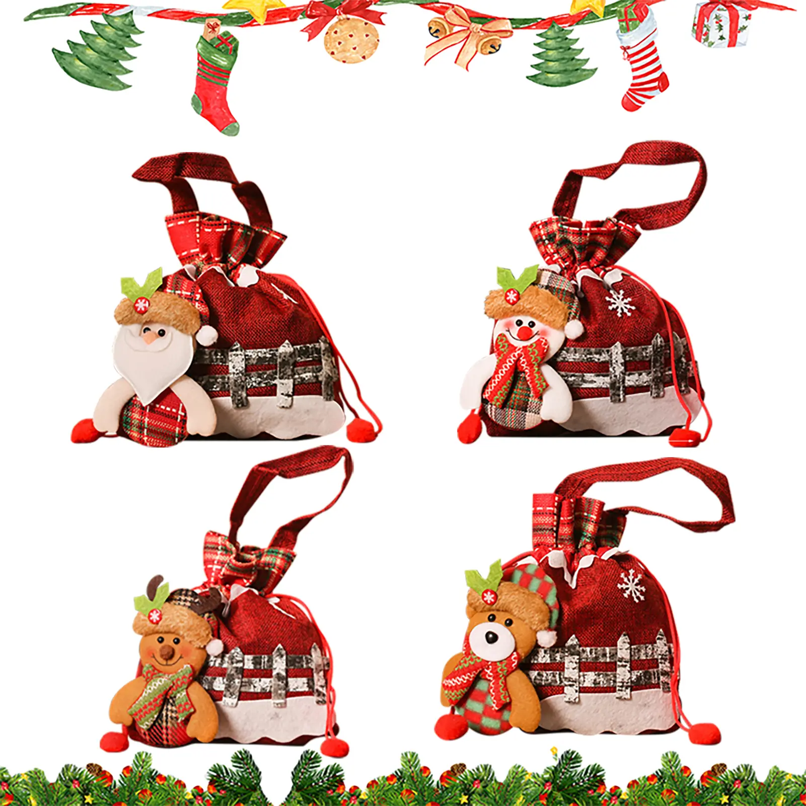 4 PCS Christmas Drawstring Gift Bag 3D Design Fabric Wrapping Gift Bags for Christmas Gifts Party-Gifts Candy Apples Decorations Super Cute Snowman Santa Claus Deer Bear