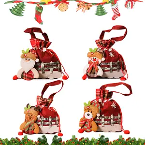 4 PCS Christmas Drawstring Gift Bag 3D Design Fabric Wrapping Gift Bags for Christmas Gifts Party-Gifts Candy Apples Decorations Super Cute Snowman Santa Claus Deer Bear