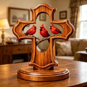 Wooden hollow cross cardinal bird figurine, red priest bird home decoration, creative commemorative craft item whimsical decor
