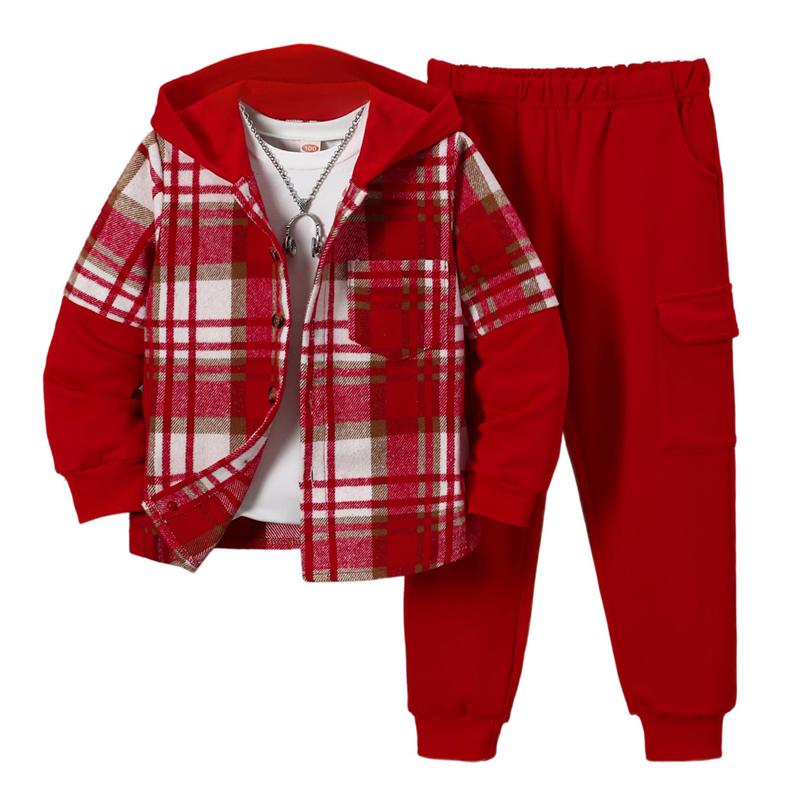 2-Piece Boys' Flannel Plaid Shirt & Pants Set with Hoodie Sweatshirt Suitable for Fall, Winter, and Spring Ages 4-12