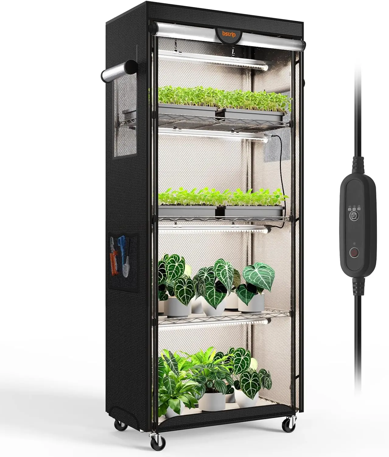 Bstrip PD65 Indoor Greenhouse with Grow Light | 4 Tier Plant Shelf with Oxford Fabric Grow Tent & Timer | Mini Indoor Greenhouse for Seed Starting, Vegetables & Plant Growth (23.6” x 13.8” x 59”)
