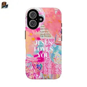 Compatible with iPhone 17 promax Pink Preppy Collage Preppy Wall Collage Jesus Loves You I Love You To Pieces Colorful School Girls Phone Cases Phone Cover Hard Case Tough 2-piece Phone Case Pop Socket Phone Grip