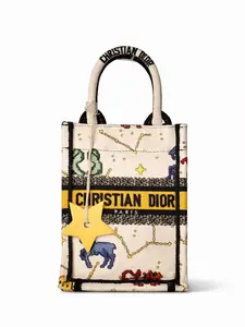 Pre-owned Dior Canvas Tote Bags Zodiac Embroidered Tote Bag Mini White