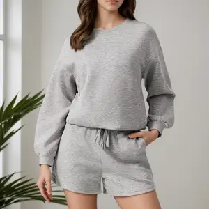 2pcs Women's Casual Long Sleeve Shorts Set - Solid Color, Athletic Shirt with Crew Neck, Lounge Sweatsuits Sets, Casual Attire, Comfortable Fit, Oversized Sweatshirt and Drawstring Shorts