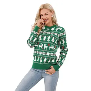 BLUEMING Women's Family Christmas Sweater Reindeer & Snowflake Knit Pullover - Premium Interior for Festive Comfort Green S