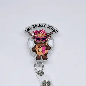 One Boujee Heifer Cow with Heart Sunglasses and Belt Bag and Tumbler Cup in Hand Glitter Acrylic Retractable Badge ID Reel Belt or Alligator Clip