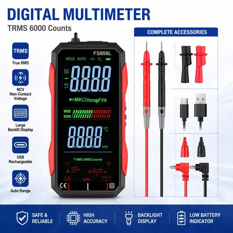 rue RMS 6000-Count Compact Digital Multimeter Tools and Gadgets - USB-Rechargeable, Auto-Ranging, NCV Voltage Tester with Live/Neutral Wire Detection, Backlit LCD Display, Test Leads for Mechanic, Home Use