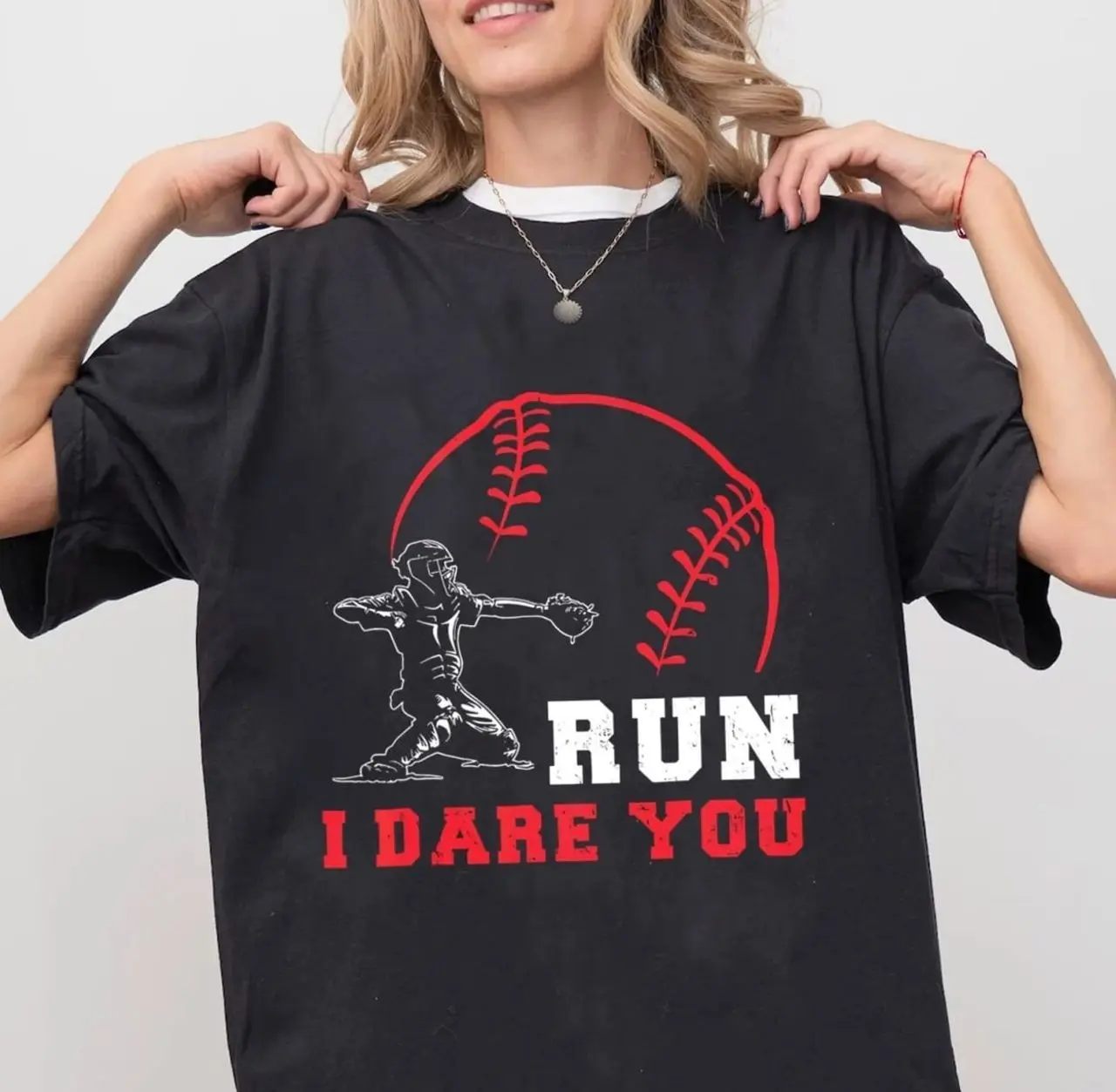 Run I Dare You Baseball Catcher Throwdown T-shirt, Baseball Mom Tee, Game Day Shirt, Unisex Cotton T-Shirt, Menswear, Womenswear QL3