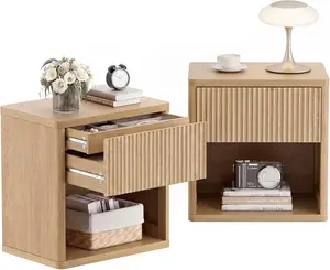 Yechen 23" W Set of 2 Fluted Nightstand w/Small Hidden Drawer&Big Drawer, Large Mid Century Modern Bedside Table with Curved Profile, Wood Accent End Table for Bedroom (Natural Oak, White Oak, Black)