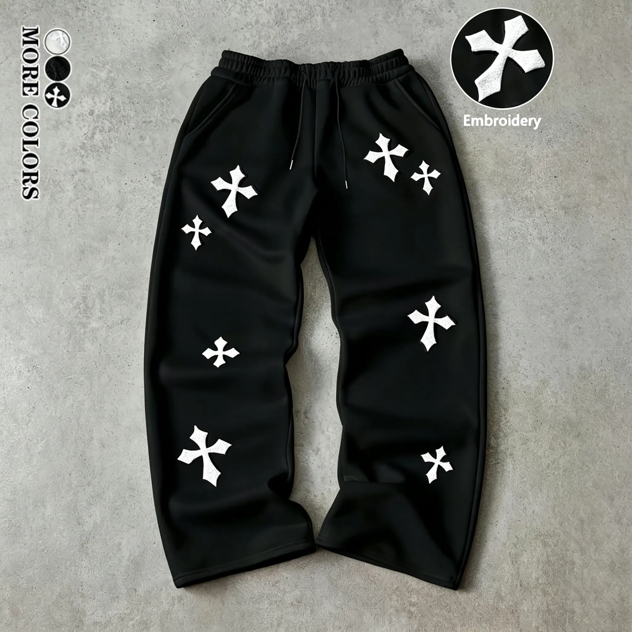 Men's Straight Leg Casual Athletic Pants, Trendy Cross Embroidery Trousers, Stretch Drawstring Waist, Breathable Comfort Pants for Streetwear, Outdoor & Daily Wear