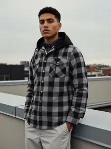 Men’s Hooded Flannel Shirt-Casual Streetwear Plaid Jacket Oversized Hoodie Shacket for Fall