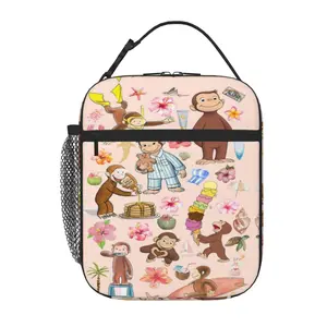 Curious George lunch bag that keeps food cold with a leak-resistant zipper; insulated Curious George lunch box bag and lunch tote—ideal for office work, the beach, fishing, and camping.