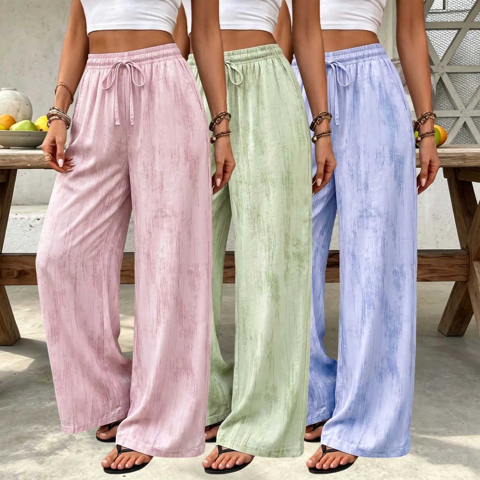 Women’s soft satin wide-leg pants with ink print, elastic drawstring waist, drapey, lightweight, breathable casual pants suitable for beach vacations, pool leisure, cruise travel, and everyday casual wear.