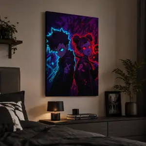 Neon Anime Couple Dark Aesthetic Canvas Wall Art, Gaming Room Decor Poster with/without Frame