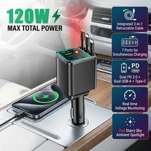 7-in-1 Ambient Light Super Fast Car Charger with Starry Sky Ceiling Light, Retractable Cable, and PD Support, Featuring Real-Time Voltage Monitoring and Display