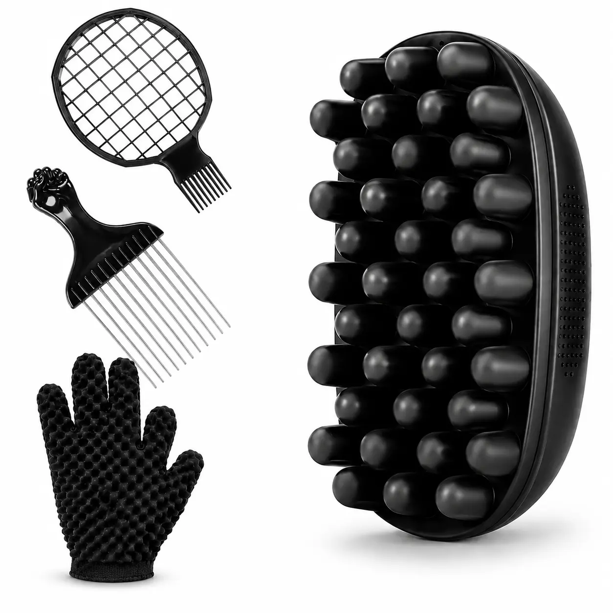 4-Piece Freeform Styling Kit for Black Afro Kinky Coily Hair - Upgraded Silicone Twist Brush, Stainless Steel Metal Fist Pick, Mesh Comb - Professional BarberShop Use for Creating Natural-Looking Freeform Texture, Create Natural-Looking Freeform Texture,