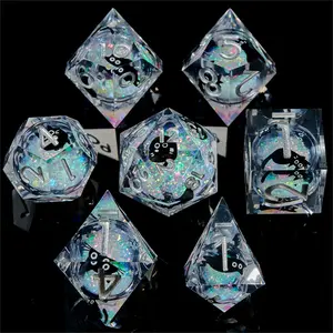 Liquid Core Cat Dnd Dice Set, 7 Sharp Edge Dice for Role Play, Handmade Resin D&d Rpg Game Dice Set, Perfect for Dragon & Dungeon Tttrpg