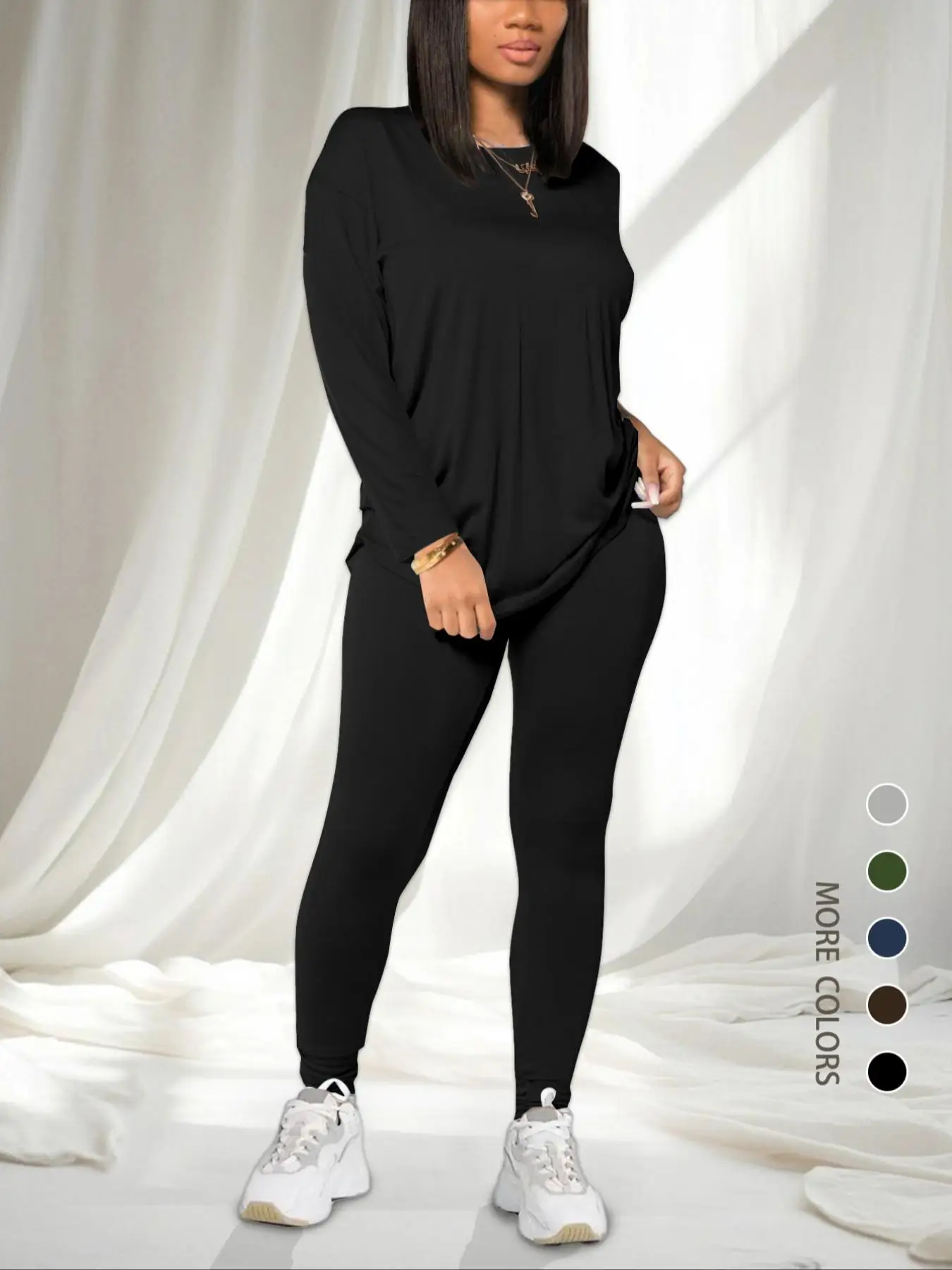 Women's Solid Drop Shoulder Tee & Elastic Waist Skinny Pants Two-piece Set, Casual Fashion Cozy Round Neck Long Sleeve T-shirt & Trousers for Daily Ou