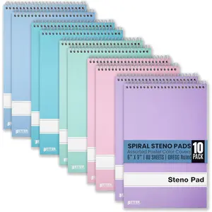 Steno Pads Spiral 6x9, 10 Pack, Gregg Ruled, 80 Sheets, Assorted Pastel Covers, Top Spiral Steno Notebooks for Note Taking