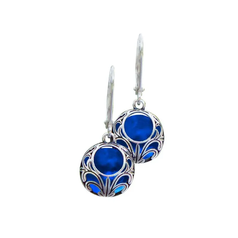 Recycled Vintage 1960's Cobalt Skin Cream Jar Glass and Sterling Silver Vintage Lace Lever Back Earrings