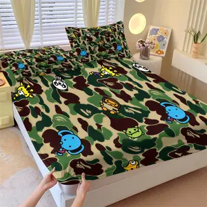 BAPE Camouflage Cartoon Characters Fitted Sheet Set, Decorative Bedsheet Sets, 1 Fitted Sheet & 2 Pillowcases No Core, Green Brown Camo with BABY MILO, Ape Head, Blue Shark, Soft Bed Sheets Anti-Wrinkle Washable, Street Style Bedroom Decor