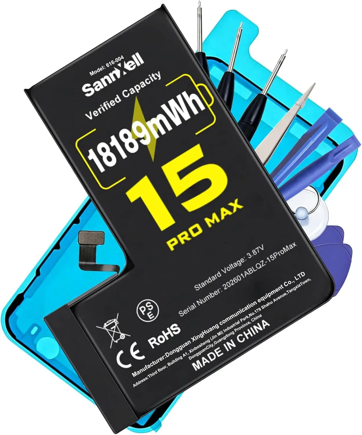 Upgraded High Capacity 18189mWh 0 Cycle Cell Phone Battery for iPhone 15 Pro Max, Ultra Long Lasting Cell Phone Battery Replacement A2849, A3105, A3106, A3108 Model with Full Repair Tool Kit