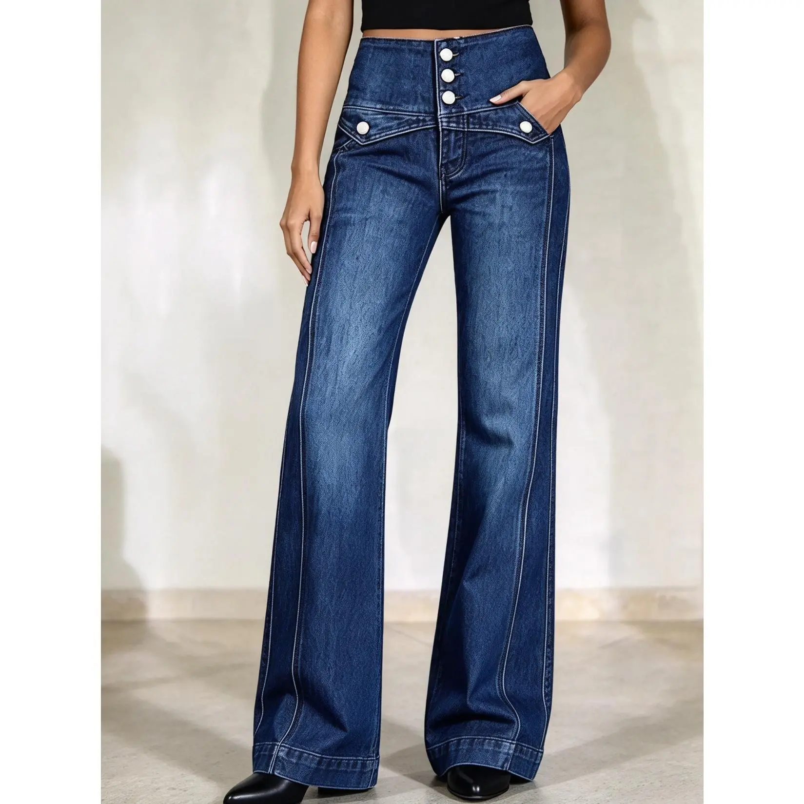 Women High Waist Stretch Flare Jeans, Dark Wash Denim Pants, Multi Button Front Wide Leg Bootcut Jeans, Retro Classic Western Style Denim Trousers