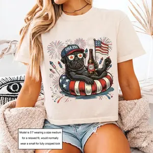 USA 250 Boxy Tee American Flag Pug Dog Graphic Tee Cropped Shirt Women’s Patriotic Dog Lover Gift Vintage Style 90s Tee Pug Shirt Independence Day