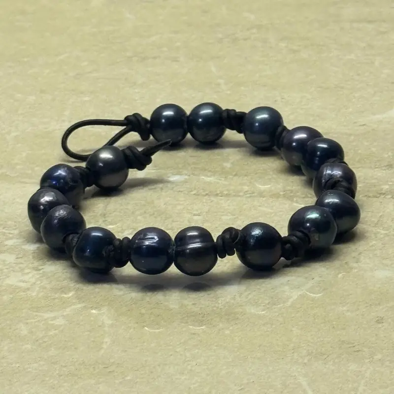 6 inch Infinite Bracelet Black Leather Cord with Black Pearls