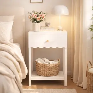 Modern White Bedside Table - Scalloped Edge Nightstand with Drawer, Open Shelf, Cute Minimalist Design for Bedroom