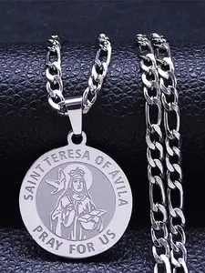 Catholic Saint Teresa of Avila Stainless Steel Necklace Geometric Pattern for Women Men Pray for Us Protection Chain collares