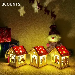 Set of 3 Christmas Glowing Wooden House Decor Lights LED Lantern, Tree Hanging Ornaments for Holiday Decoration, Festive Home & Party Accessories