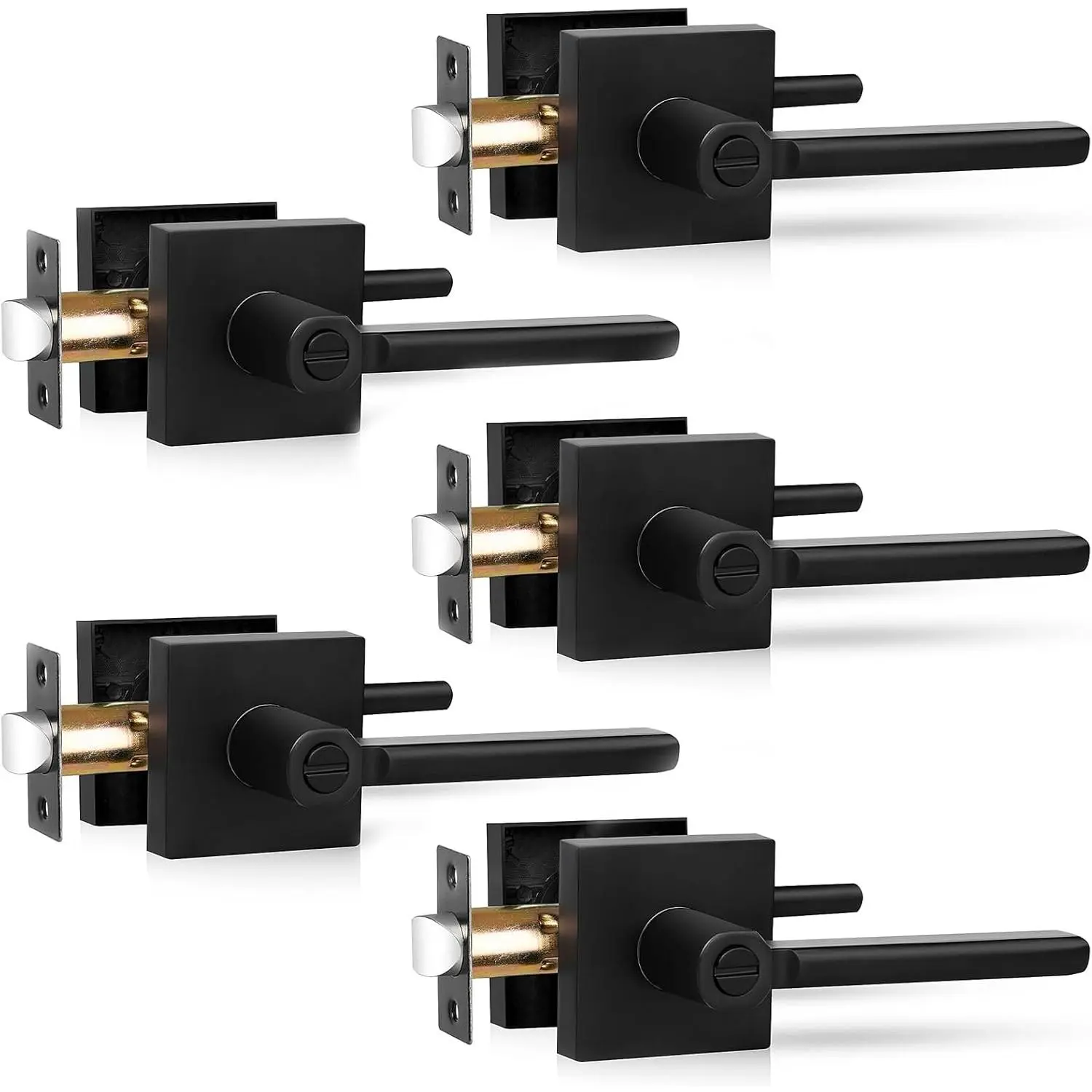 Door Levers, 5 Pack Black Door Handles Heavy Duty Bed and Bath Door Knobs Interior Keyless Door Locksets, Reversible for Left & Right Handed Doors