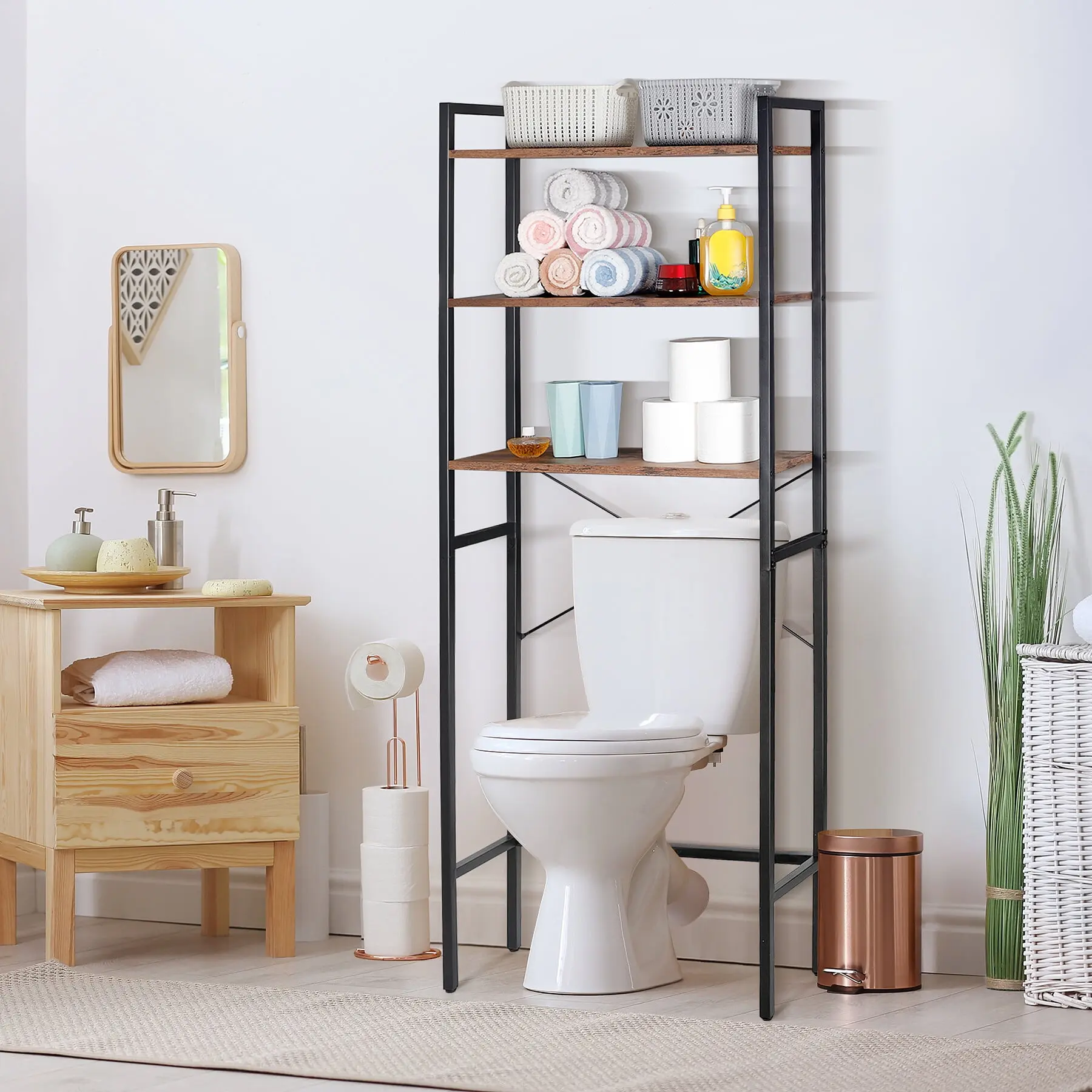 Zeny 3-Shelf Modern and Industrial Over-The-Toilet Bathroom Organizer - Rustic Brown MDF & Metal Frame Rack with Bathroom Accessory Holder, Floor Caps, Easy Setup, Space Saver for Household Washing and Care