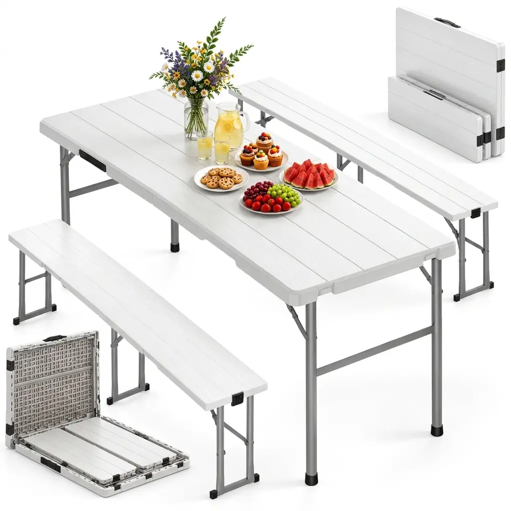 IWDOO 6FT Folding Picnic Table Set with 2 Benches, 3-Piece Portable Rectangular Patio Dining Table, Lightweight Outdoor Furniture for Camping, Backyard, Plastic Folding Tables Hdpe Lightweight