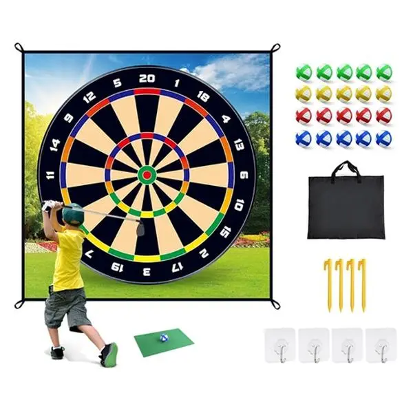 Plush 2-in-1 Golf Hitting Training & Chipping Dart Game Mat Set (180x180cm), Durable Washable Mat with 20 Sticky Balls, Ground Stakes, Hooks, Portable Bag, Wall Mount, Portable & Quick Setup for Kids Indoor-Outdoor Parent-Child Interaction-4764