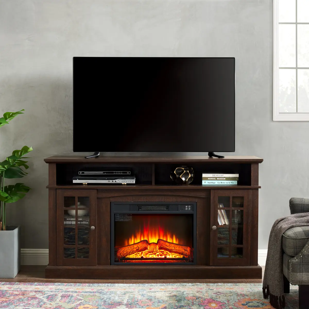Classic TV Media Stand Modern Entertainment Console with 23" Fireplace Insert for TVs up to 65" Espresso 58.25"W*15.75"D*32"H Open & Closed Storage Space