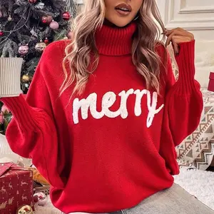 Women's Christmas Sweaters, Long Sleeve Turtleneck Letter Embroidery Pullover Knit Tops, Ladies Simple Style Sweaters