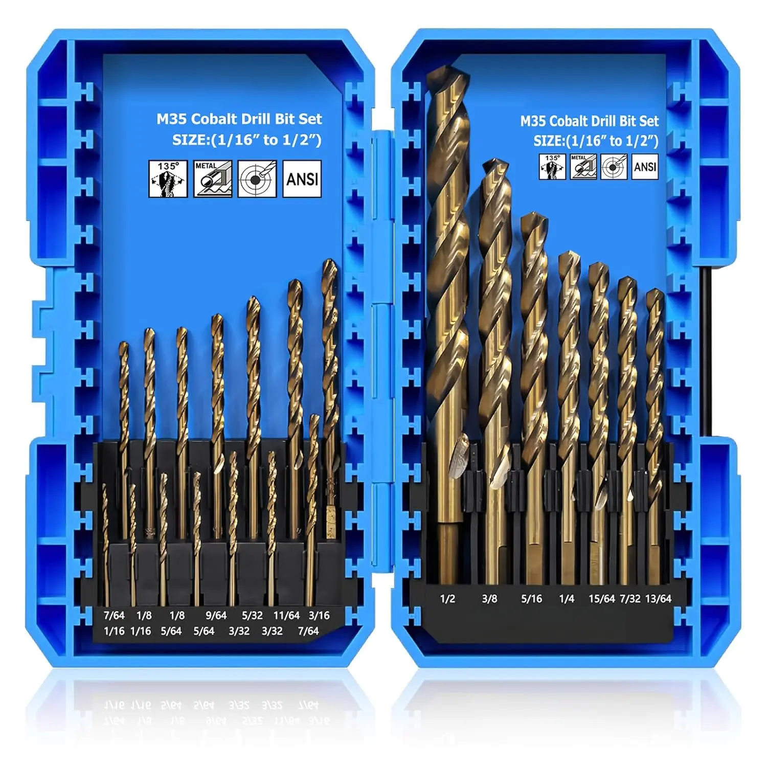 Cobalt Drill Bit Set, Metal Drill Bit Set for Steel, Hardened Metal, Stainless Steel, 21PCS Drill Bits 1/16" to 1/2" with Index Storage Case