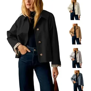 KingApril Womens Cropped Trench Coat Classic Collar Oversized Casual Jackets with Checkered Lining