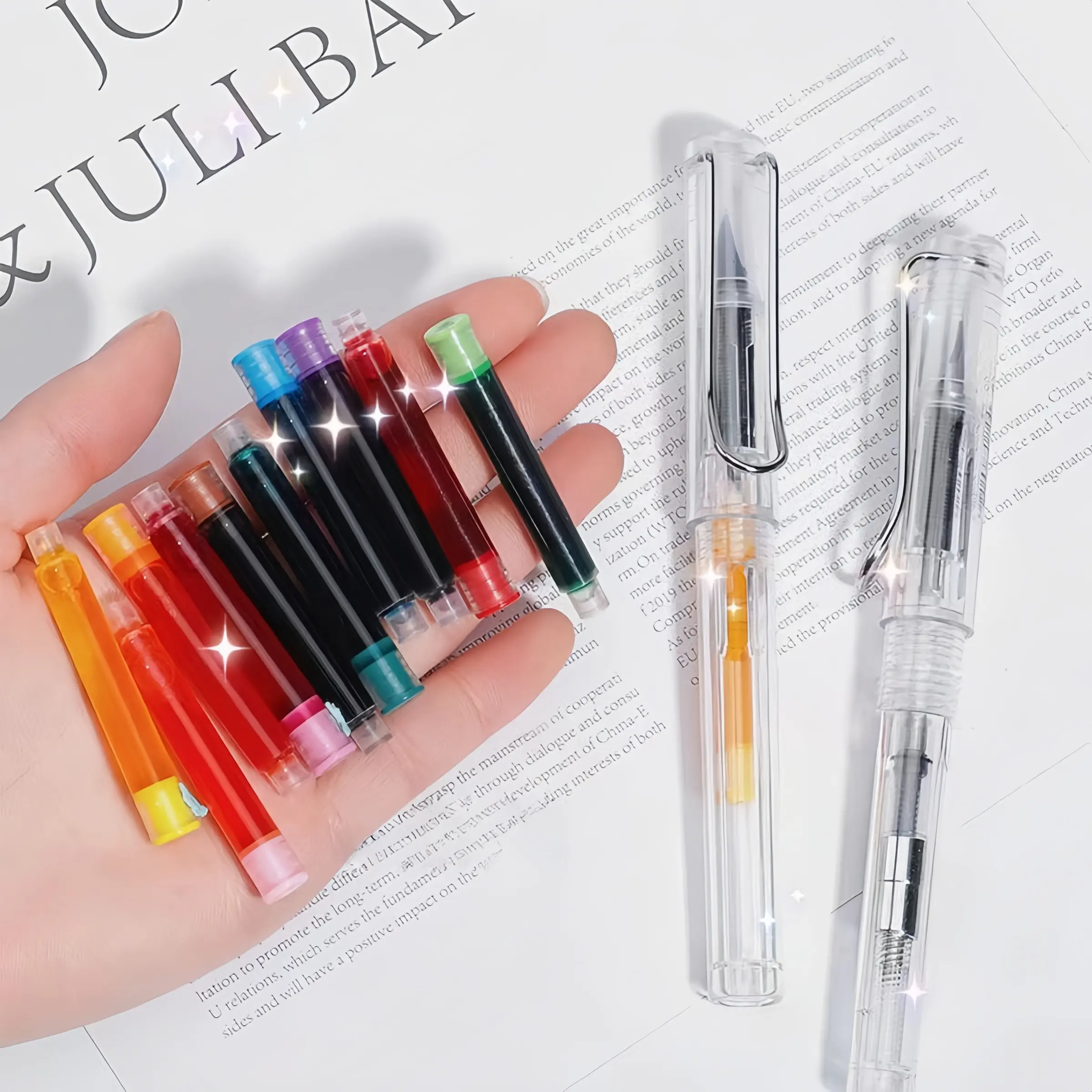 Metallic Ink Rollerball Pen Set with 1 Metal Pen & 10 Color Cartridges, Transparent Series Business Signature Pens, Smooth Writing Design, Replaceable Ink Pen